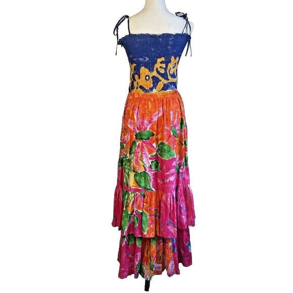 LAUREN RALPH LAUREN Maxi Dress Tiered Tie-Shoulder Tropical Print Ruched Tube SP - Picture 4 of 13